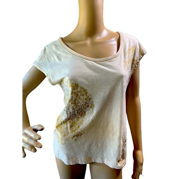 Ann Taylor Beige & Gold Glitter Short Sleeve Scoop Neck Printed T-Shirt Size PM - Picture 1 of 12